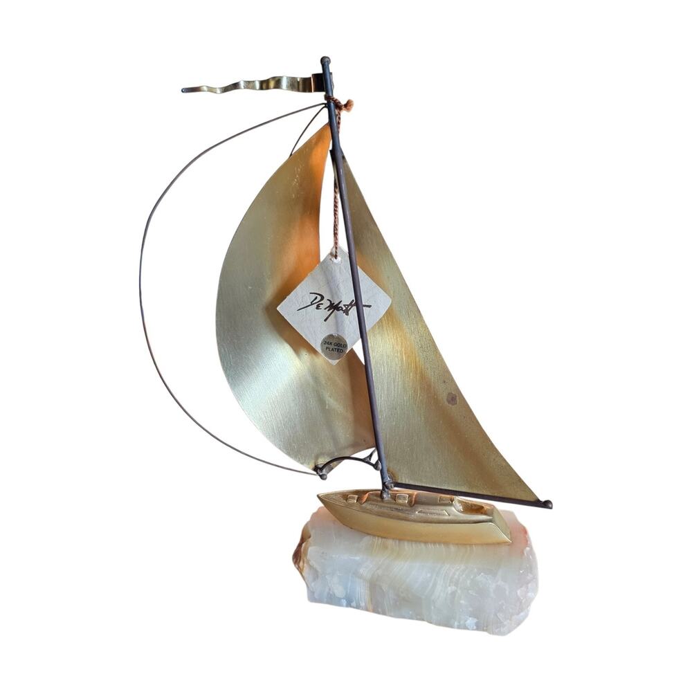 Vintage DeMott Sailboat Sculpture 24K Gold Plated Signed Onyx Base 1975